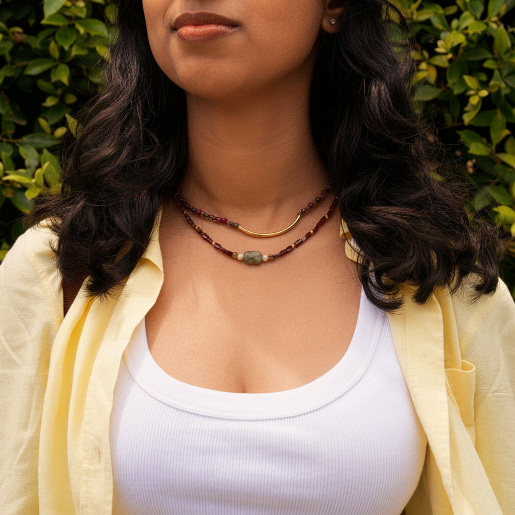 Woman wearing a yellow cardigan over a white top with a green leafy background