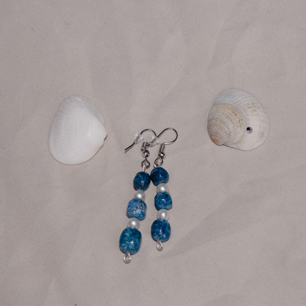 Pair of earrings with blue and white beads on a beige background with two shells.